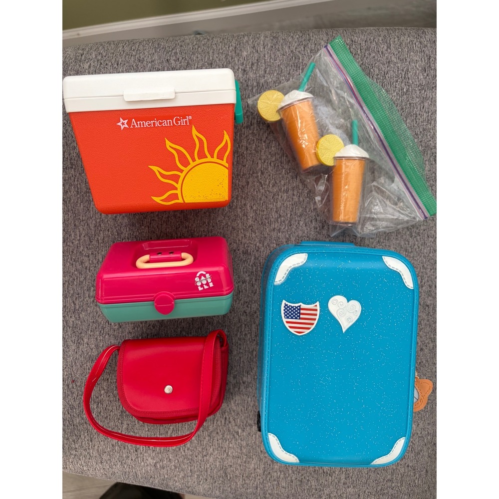 American Girl Doll Travel Picnic Accessory Lot Suitcase Cooler Lunch Box Food